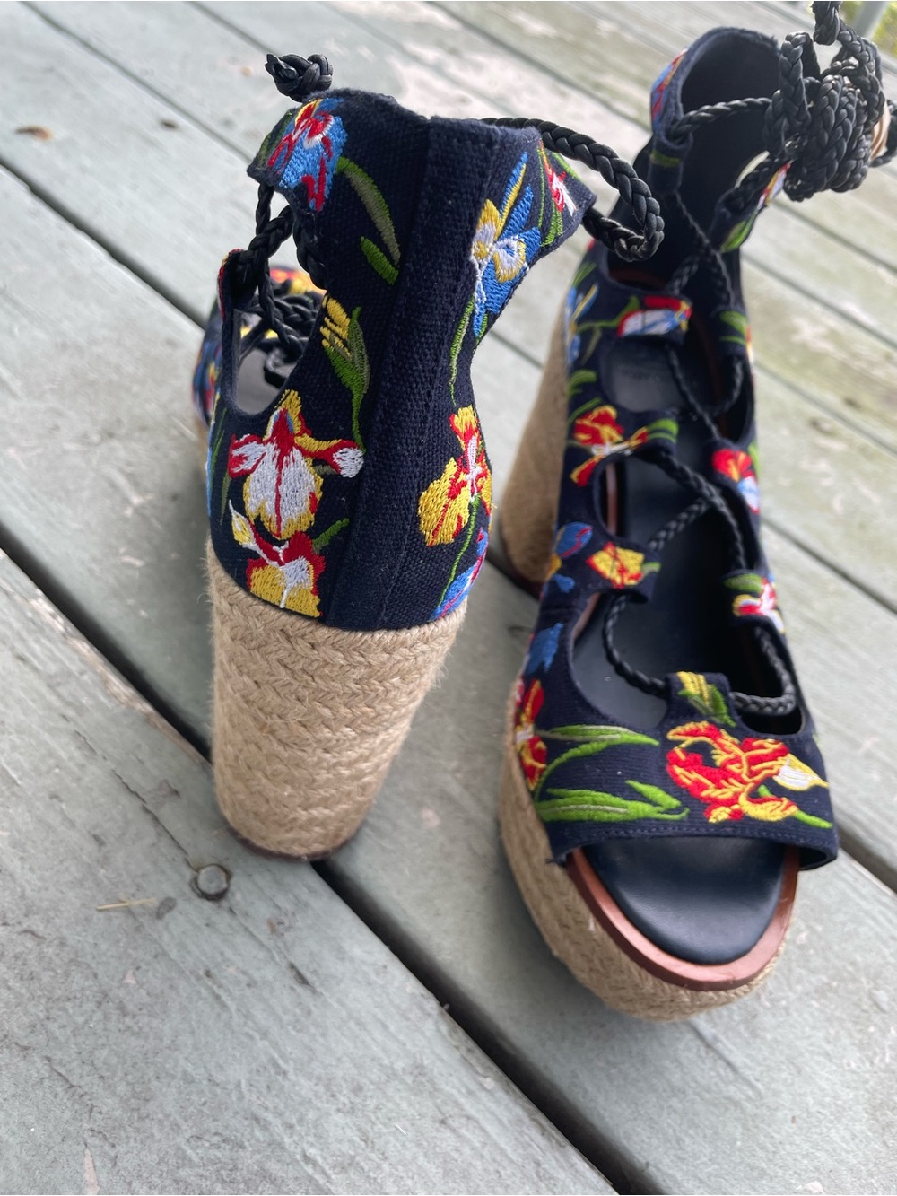 TORY BURCH POSITANO FLORAL LACE UP PLATFORM ESPADRILLE SANDALS 8.5 - Picture 9 of 14